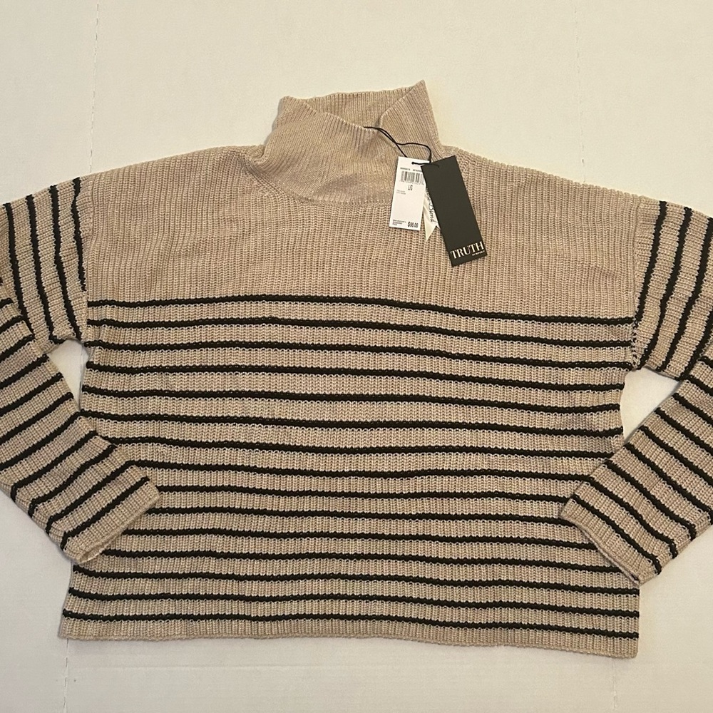 Truth by Republic Beige and Black Striped Turtleneck Sweater